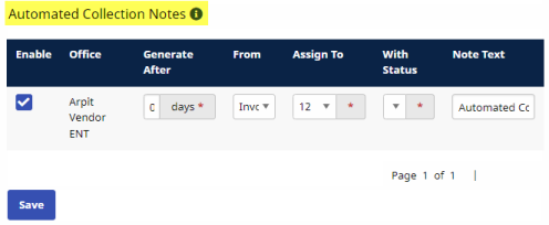 The Automated Collection Notes section displays enablements for automated collection note entries.